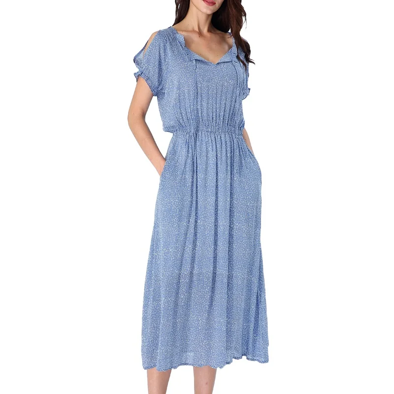 Vfemage женское летнее Плиссированное повседневное пляжное платье трапециевидной формы с открытыми плечами и карманами в горошек, вечерние платья трапециевидной формы 076 - Цвет: Blue