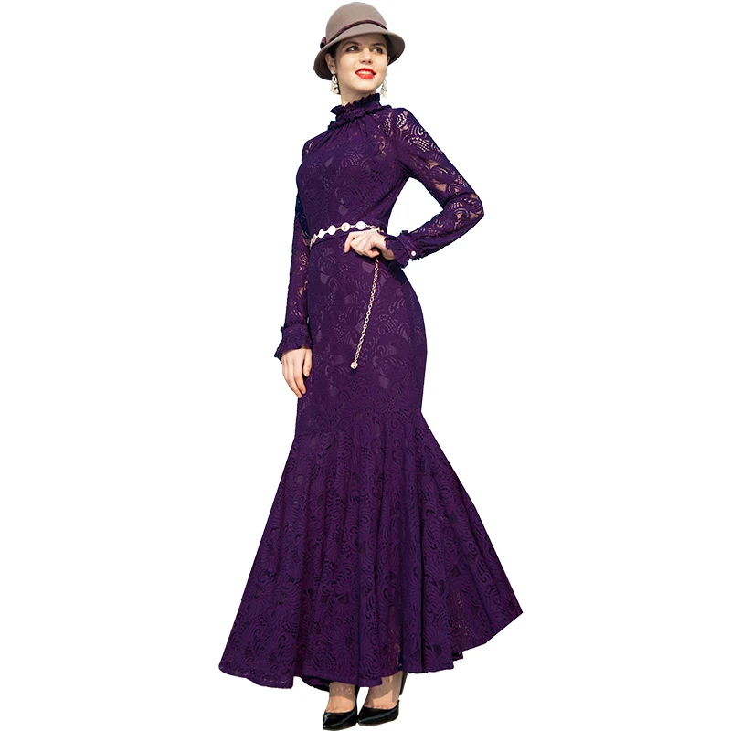 

Spring Lace Trench Dress Hollow Out Long Sleeve Trumpet Dress Office Lady Mermaid Ankle-length Full Length Dress DZ2082