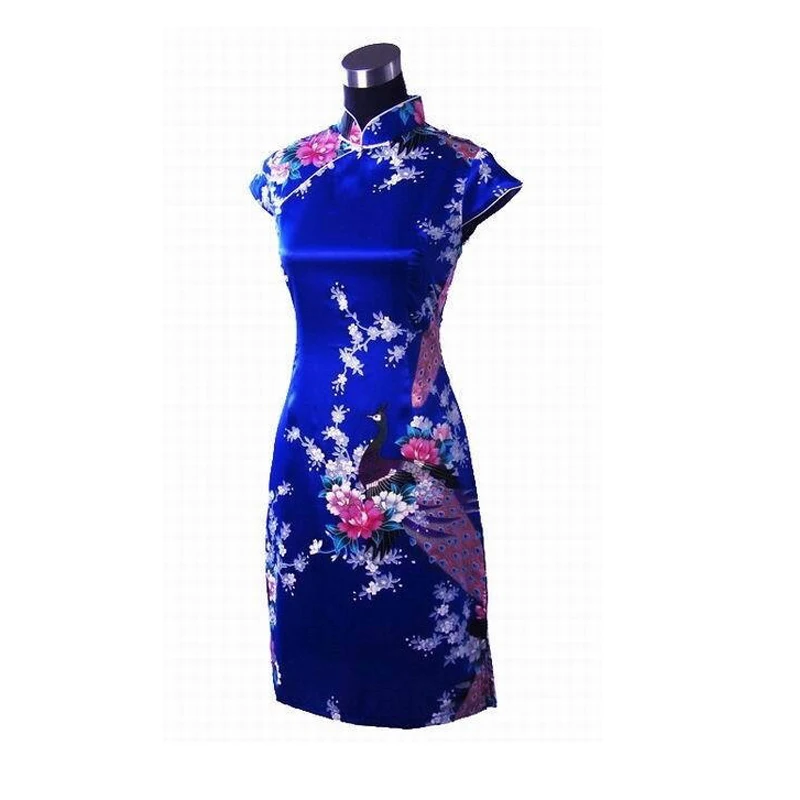 Новый стильный синий женский Шелковый rayou Cheongsam Лидер продаж Дамы Лето мини-платье Qipao Размеры размеры S M L XL XXL Mujeres Vestido 020517