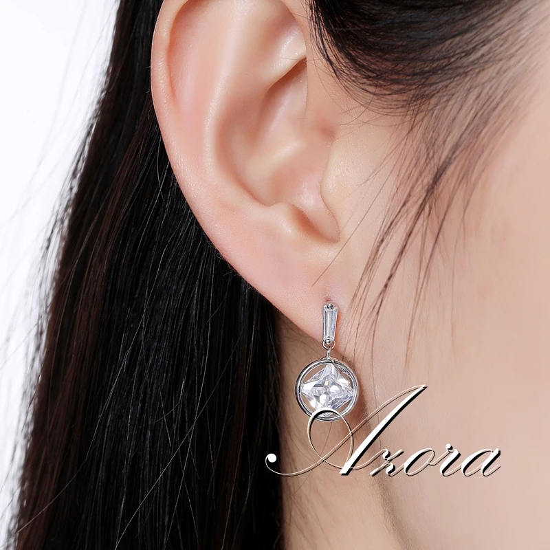 AZORA Silver Color Drop Earrings for Women Round Dangle Square Clear Zirconia Earrings Female Jewelry Limited Edition TE0339