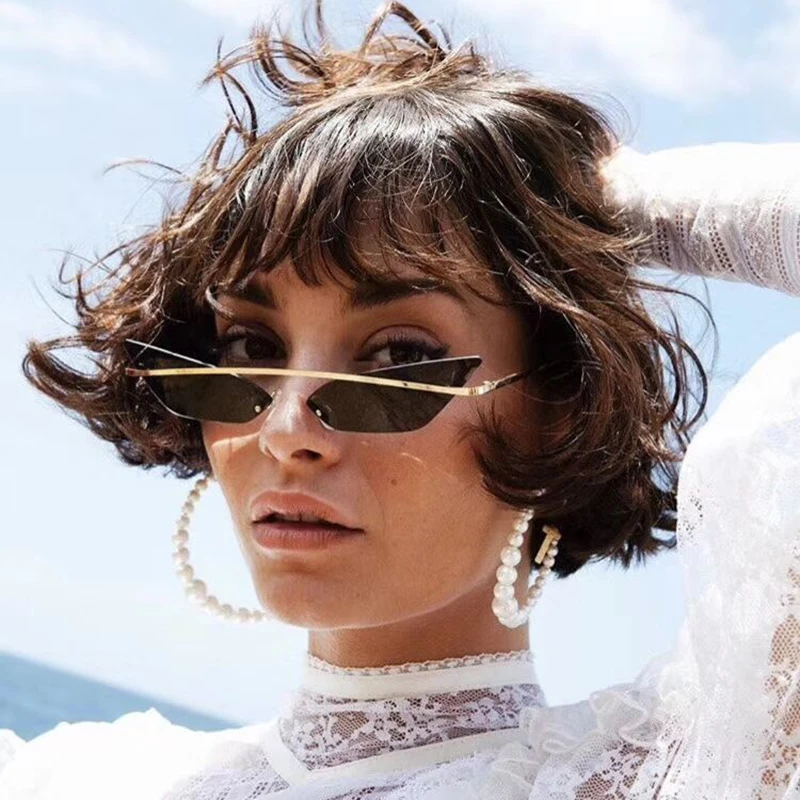 

2019 Small Cat Eye Sunglasses Women Narrow Hin Metal Ultra Light Retro Sun Glasses Rimless Photochromic uv400 Female