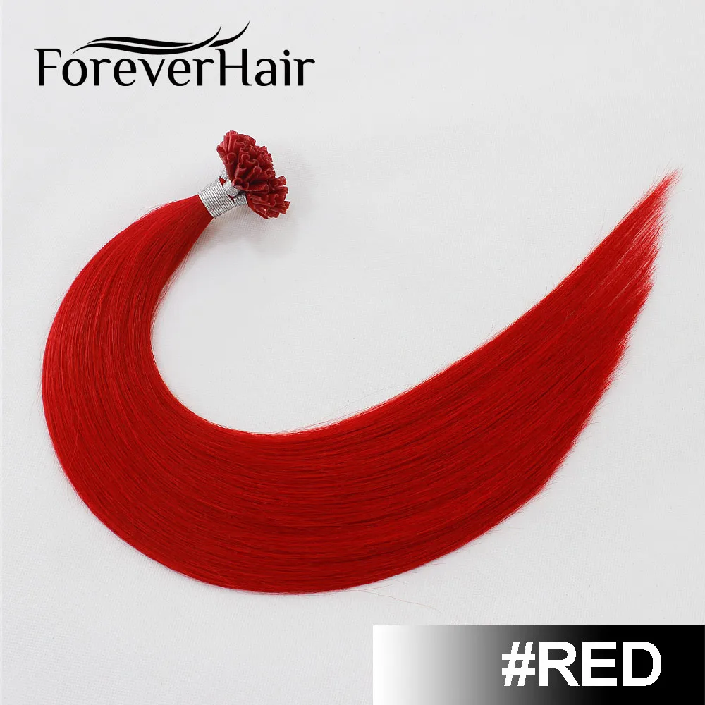 FOREVER HAIR 0,8 г/локон 1" Remy Nail U Tip Prebond Кератин клей человеческие волосы для наращивания темно-коричневый#2 50 прядей прямой Fusion - Цвет: Красный