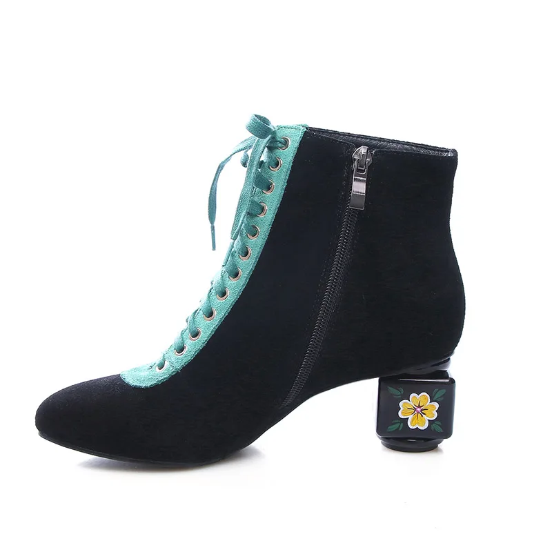 Phoentin/разноцветные ботильоны на шнуровке; женские полусапожки на молнии; коллекция года; Женская замшевая обувь с цветочным узором на среднем необычном каблуке; FT535