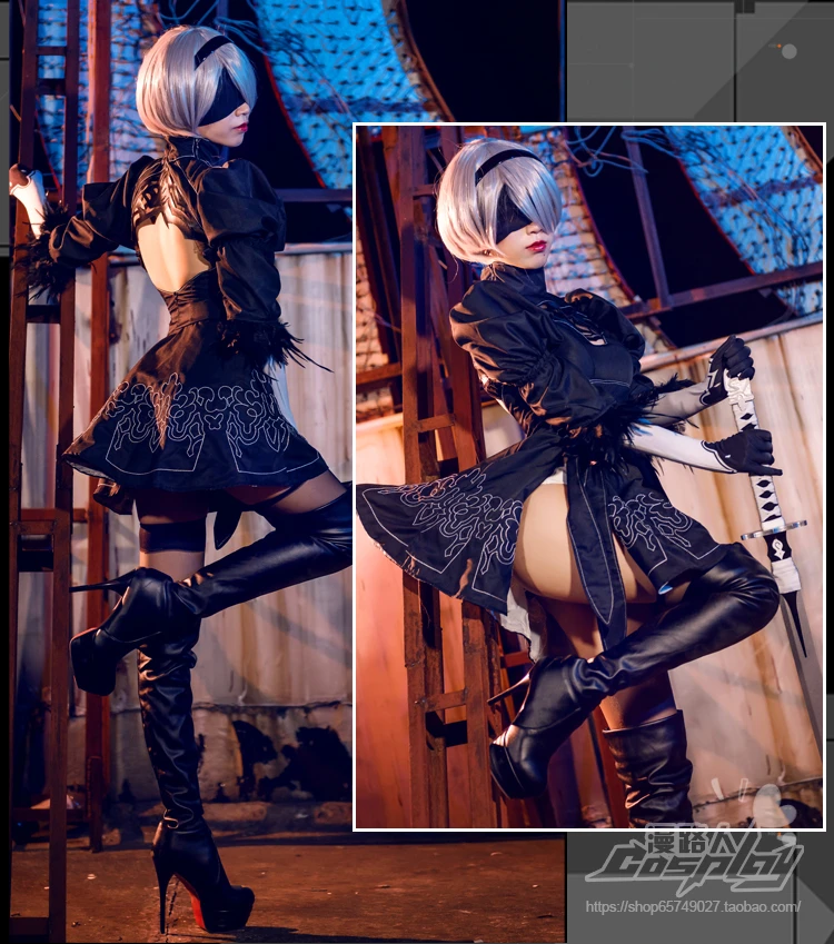 Nier Automata 2B Cosplay Anime Women Costume Set Outfit 2B Girls Halloween Girls Party Black Suit Black Dress Cosplay Costume