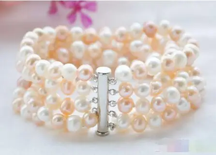 

FREE SHIPPING HOT sell new Style >>>> 5row 8" 8mm round pink white freshwater pearl bracelet