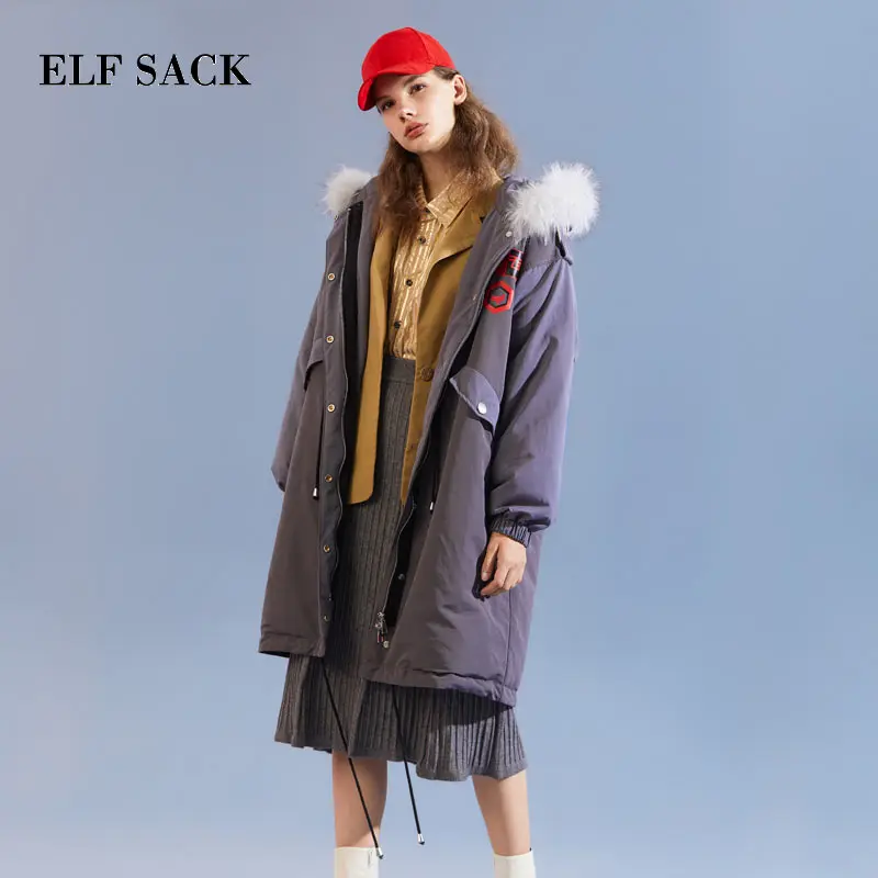 ELF SACK Women Winter Long Down Coats Fox Prints Hooded Fur White Duck Down Coats Warm Thick Longs Down Jackets Fashion Week Coats