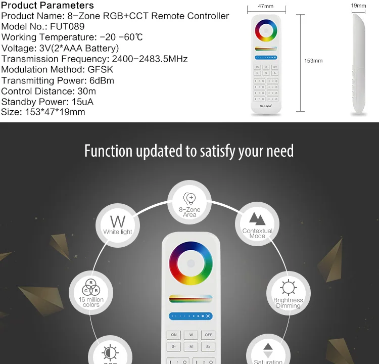 MiLight 2,4 г беспроводной 8 зон FUT089 удаленного; B8 настенный сенсорный Панель; LS2 5IN 1 smart led контроллер для RGB + CCT светодиодные полосы