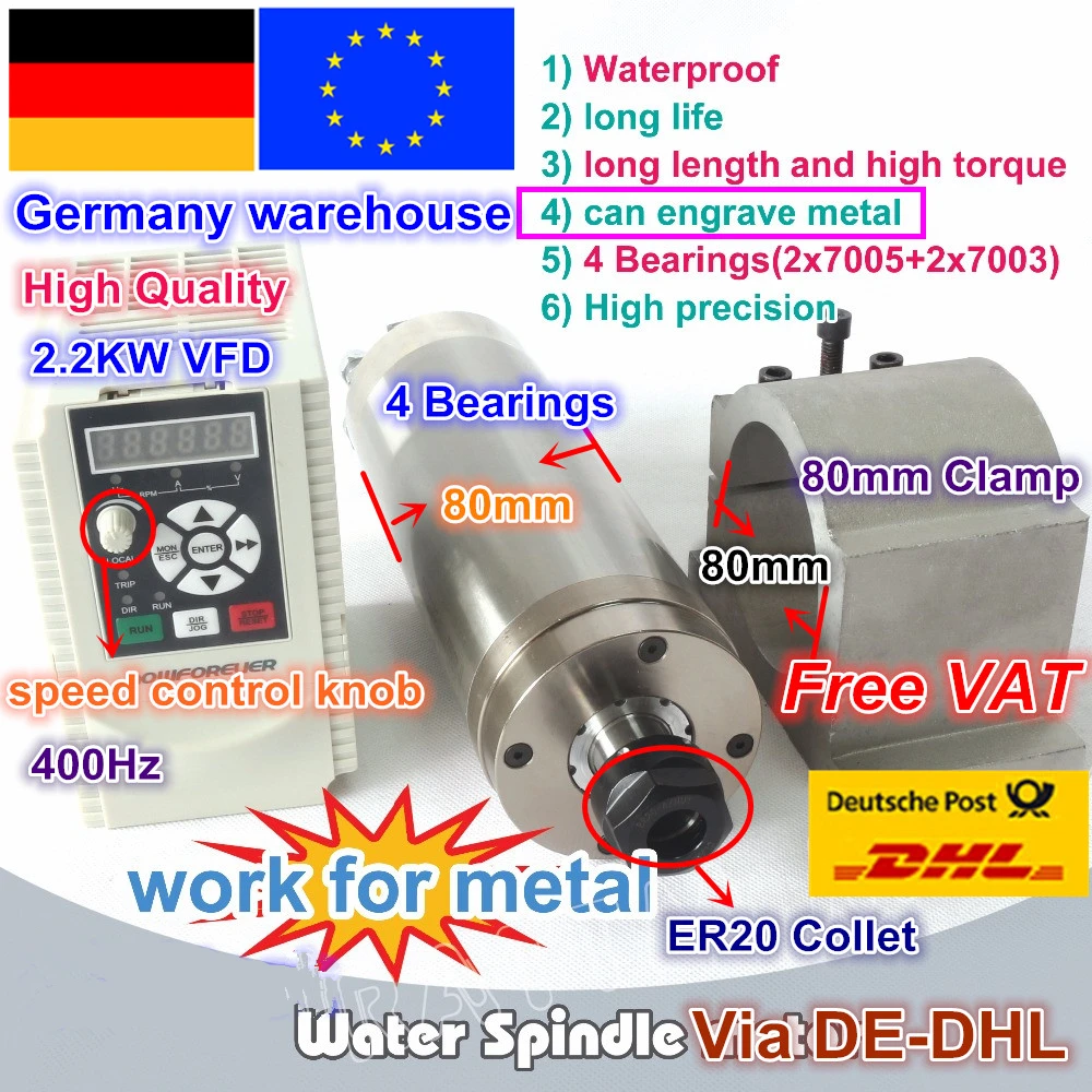 

EU ship Waterproof 2.2kw Water Cooled Spindle motor ER20 Carved metal & 2.2kw Inverter VFD 3HP 220V & 80mm Clamp for CNC Router