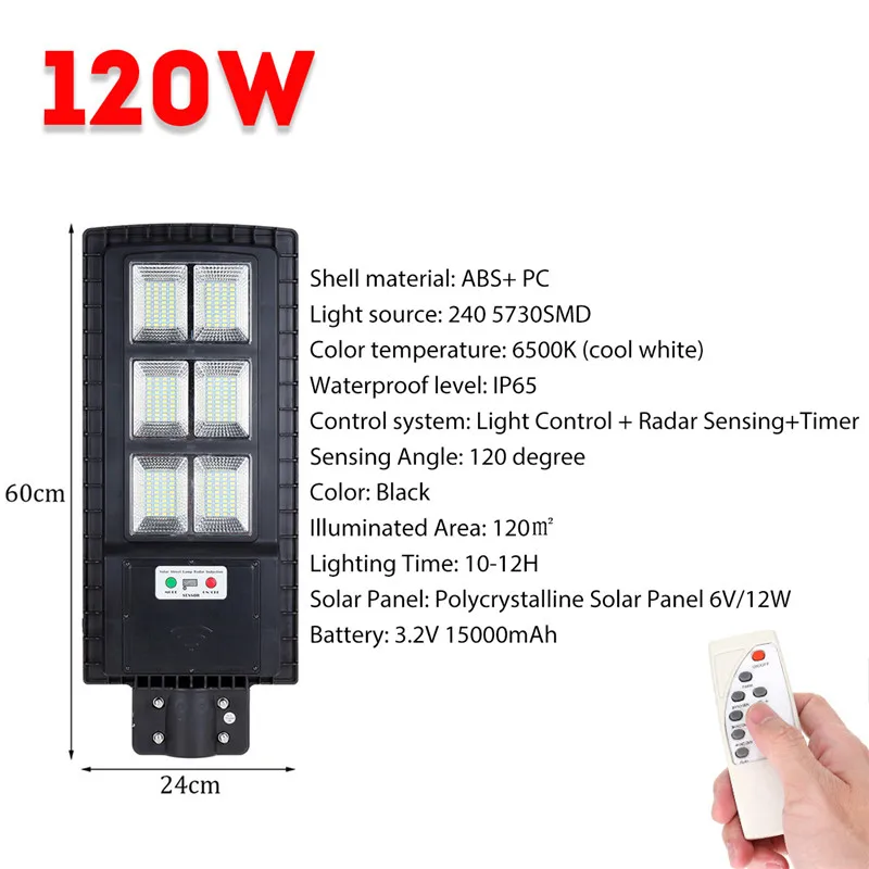 

120W LED Street Light Wall Lamp Solar Power Remote Control R adar Motion Timing Waterproof for Outdoor Garden Yard Street