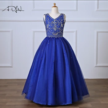 

ADLN Royal Blue Evening Gown for Pageant V-neck Floor-length Heavily Beaded Flower Girl Dresses for Weddings Comunion Vestido