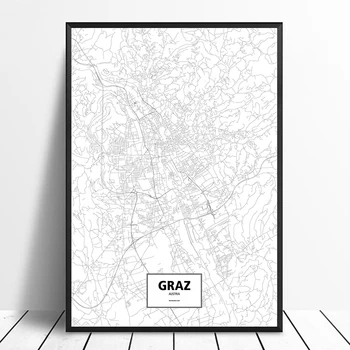 

Graz, Austria Black White Custom World City Map Poster Canvas Print Nordic Style Wall Art Home Decor
