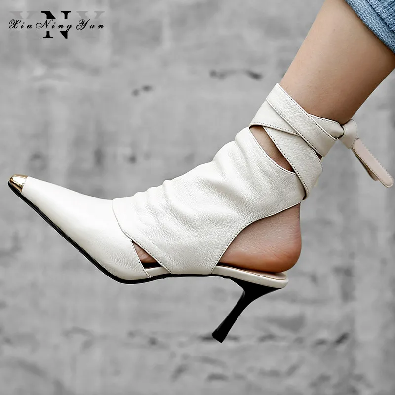 XiuNingYan/ботильоны из натуральной кожи; женская обувь с острым носком; ботинки на высоком каблуке; женская летняя обувь для вечеринок с перекрестной шнуровкой