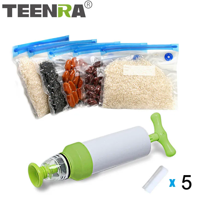 

TEENRA 5Pcs Food Fresh Bag Vacuum Sealer Pump Food Storage Bag Reusable Sealing Machine Vacuum Pump Kitchen Organizer