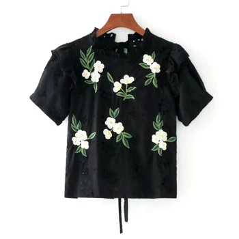 Hot women sweet ruffles floral embroidery shirt hollow out back bow tie short sleeve blouse ladies summer tops blusas
