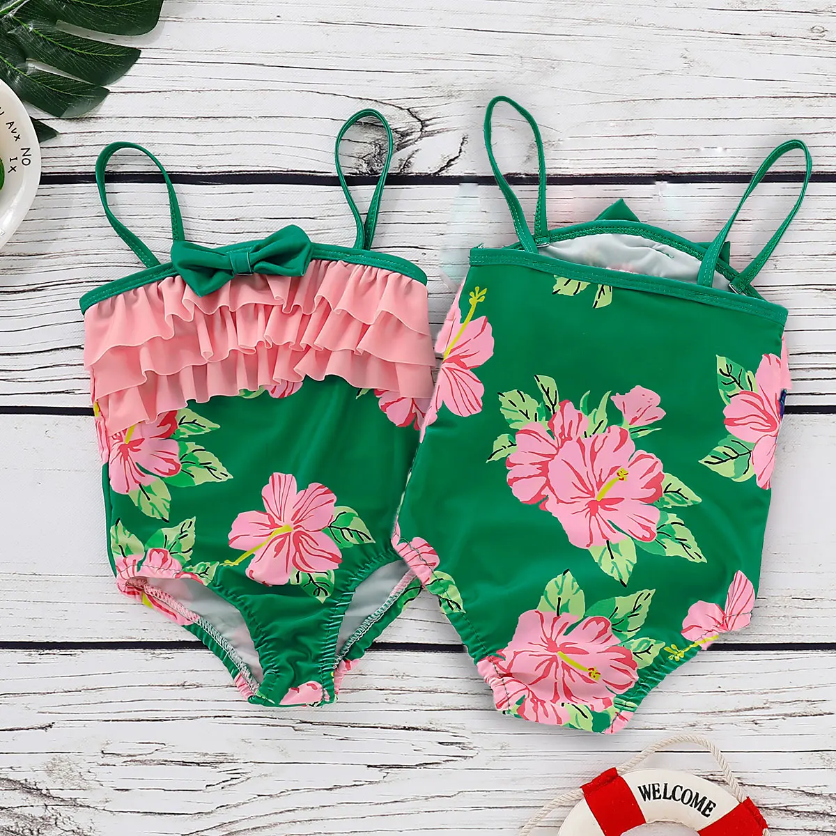 Модный американский Летний детский купальник для девочки зеленый цветочный принт оборки купальник с бантиком бикини купальный костюм