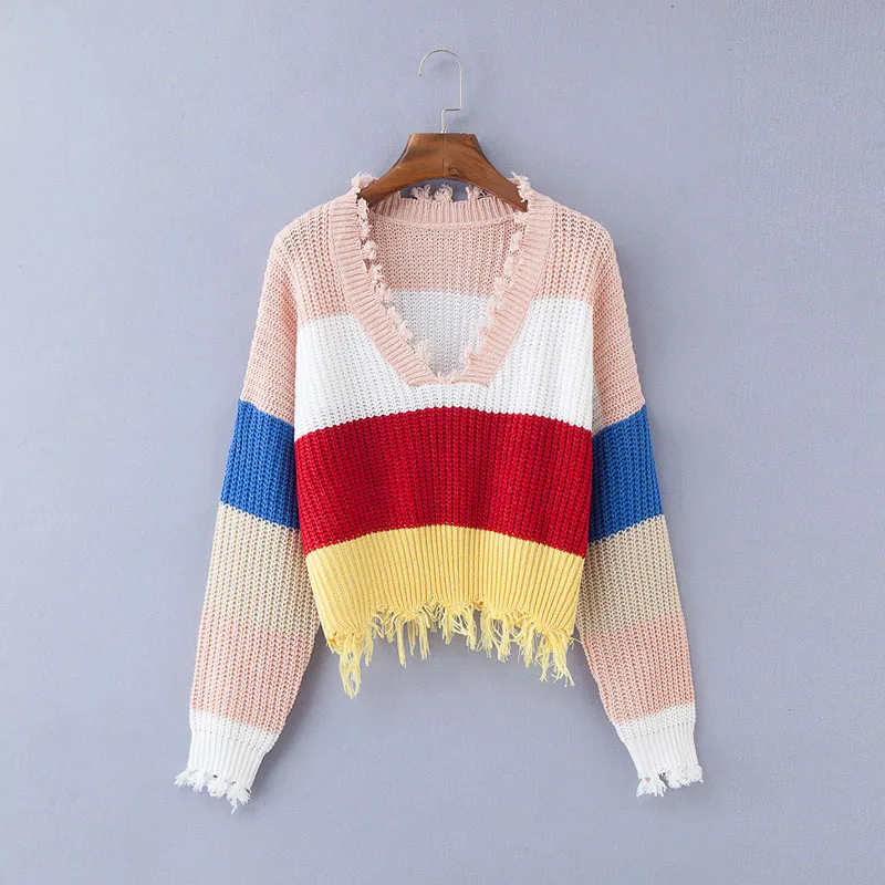 Fitshinling, свитер в радужную полоску, пуловер, женский, бахрома, v-образный вырез, тонкий Укороченный джемпер, трикотаж, модные сексуальные женские свитера, зима - Цвет: rainbow