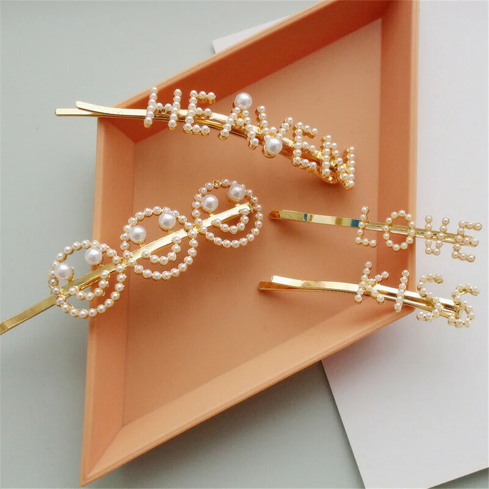 

Fashion Korea Chic Hair Clips Imitiation Pearl Smile Face Hairpins Women Girl Letter LOVE KISS Metal Gold Color Hair Accessories