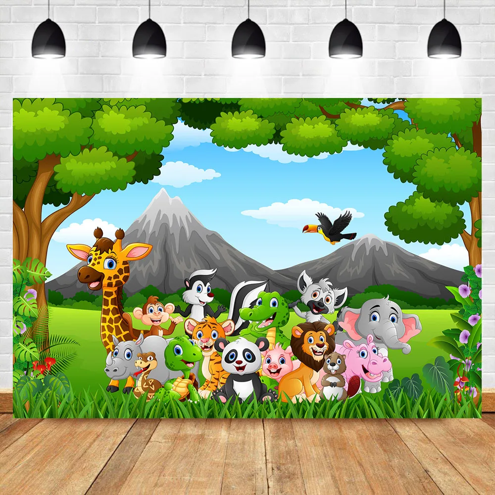 

NeoBack Woodland Happy Birthday Photo Backdrop Safari Zoo Animals Forest Photography Background Vinyl Birthday Party Backdrops