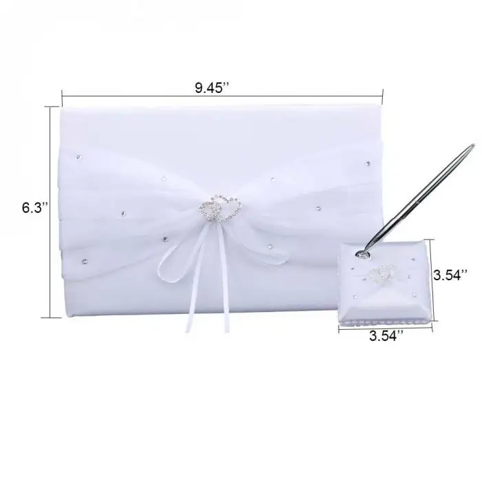Newly European Style Double Heart Diamante Embellished Satin Wedding Guestbook Pen and Stand VA88
