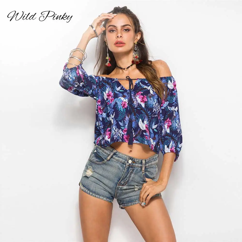 

WildPinky Women Bohemia Blouse 2020 Summer Beach Blouse Slash Neck Lace Up Sexy Women Boho Tops and Blouse Ladies Print Shirt