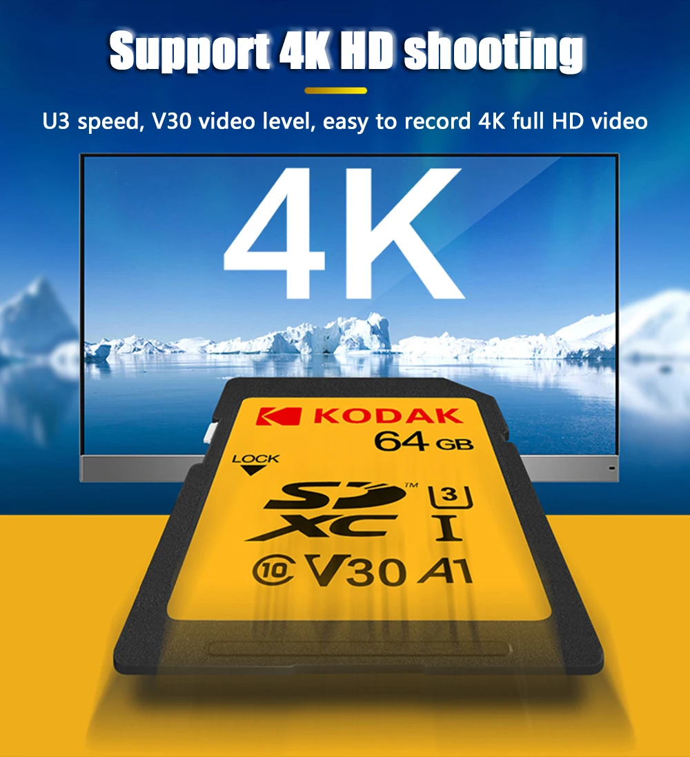 Sd-карта Kodak 64 Гб карта памяти 128 ГБ SDXC U3 V30 carte sd 256 ГБ для sony Canon Nikon micro SLR цифровая камера cartao de memoria