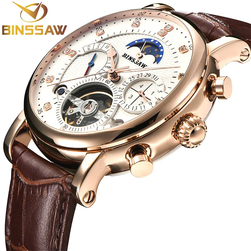 Binssaw Новый 2017 Для мужчин полный автоматические механические часы Tourbillon Роскошные модные брендовые Пояса из натуральной кожи Человек Многофункциональный Часы