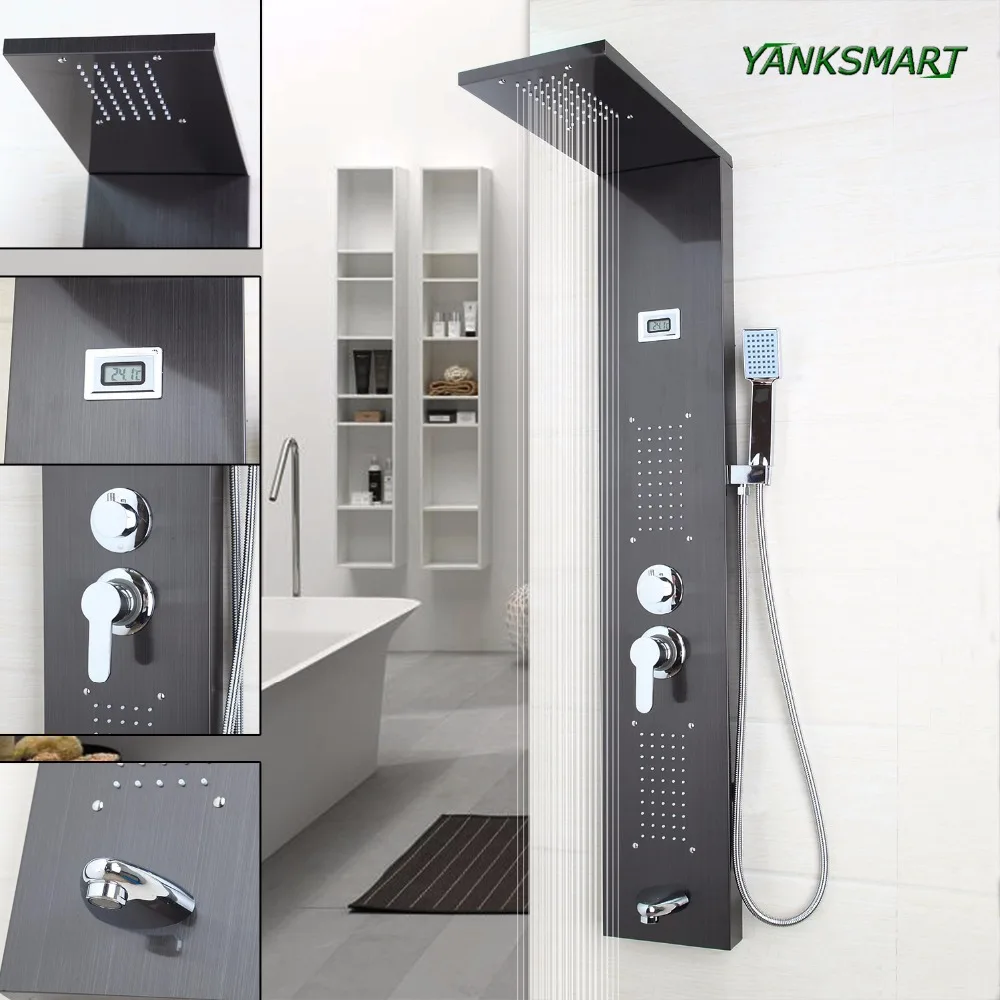 

YANKSMART UK Shower Panel Column Screen Black Painting Digital Stainless Steel Bathroom Faucet Mixer tap with hand sprayer