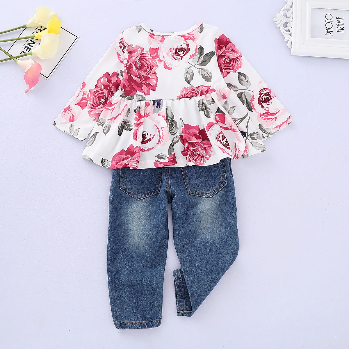 Girls Denim Suit Hot New Floral Long-sleeved Girls Clothes Waist Shirt Hole Cow Children Flower Print Set