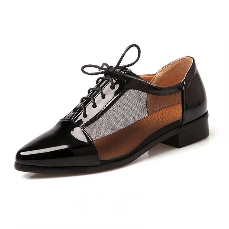 

Fashion Patent Leather Breathable Lace Up Women Flats Ladies Plus Size 34-43 Pointed Toe Casual Flat Shoes Summer Shoes Woman