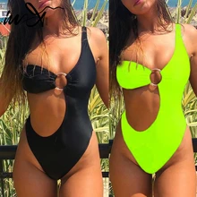 В-X неоновый зеленый бикини цельный купальник женское кольцо сексуальный купальник женский одно плечо купальный костюм черный цельный костюм
