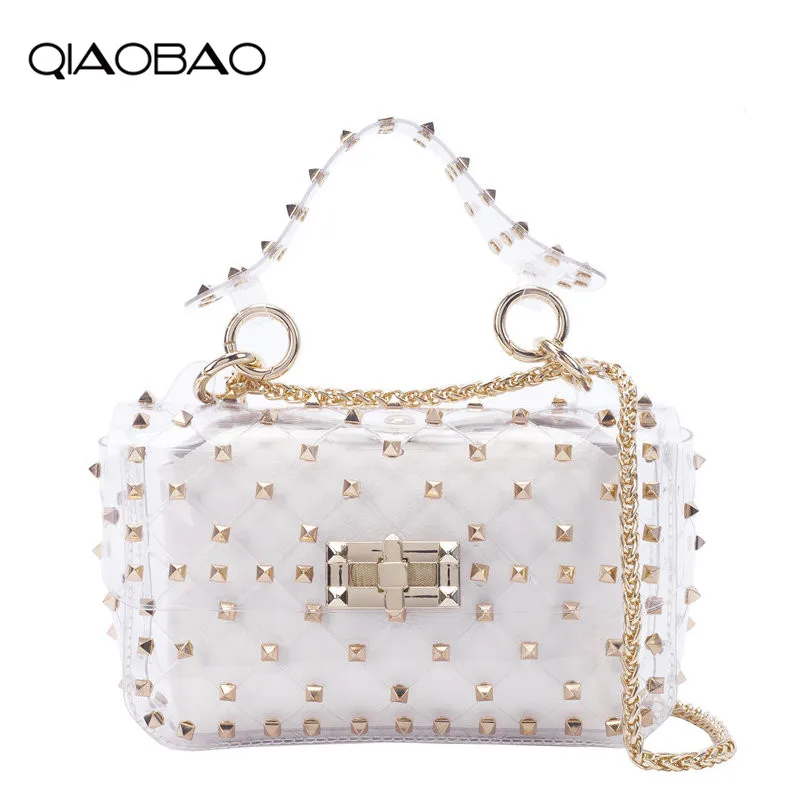 

QIAOBAO Small Transparent Bag Women Handbag Luxury Designer Rivet PVC Jelly Composite Bag Female Shoulder Crossbody Bag