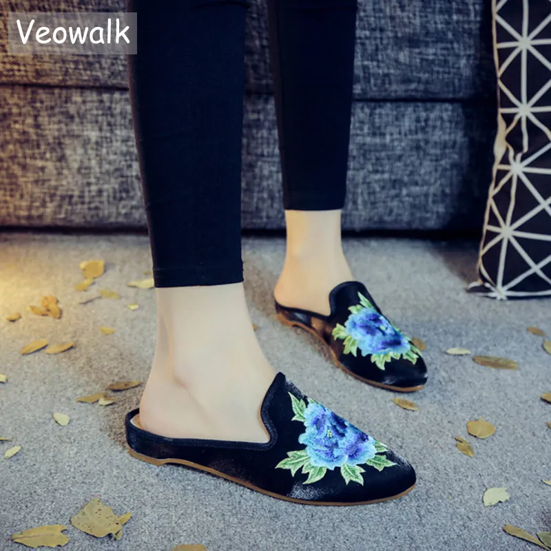 Мюли Veowalk женские с острым носком хлопковая ткань плоская подошва Цветочная