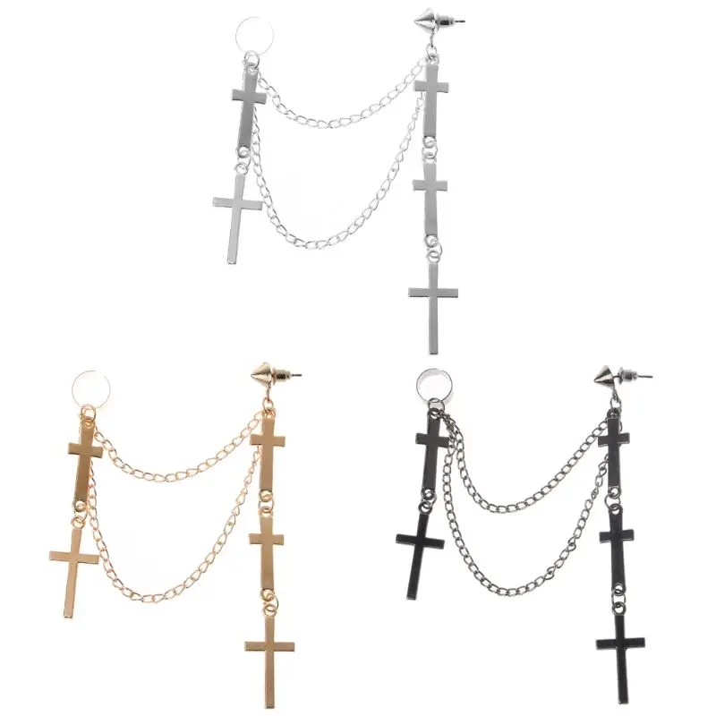 

Gothic Punk Cross Long Tassel Double Chains Ear Cuff Earrings Fashion Jewelry
