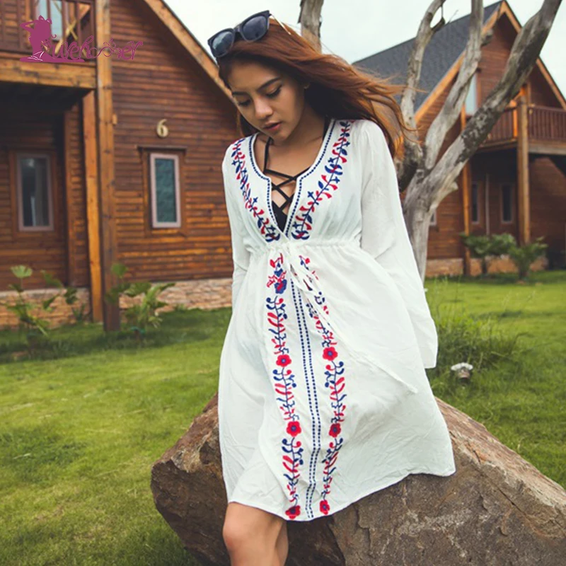 

Lurehooker Floral Embroidery Beachwear Bikini Beach Cover up Sexy V Neck Beach Dress Cotton Cover ups Summer Beach Dresses
