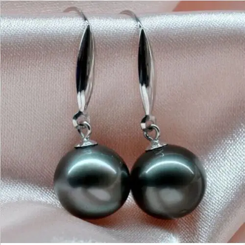 

Top Quality AAA 16MM SOUTH SEA BLACK shell DANGLE PEARLS EARRING WHITE GOLr