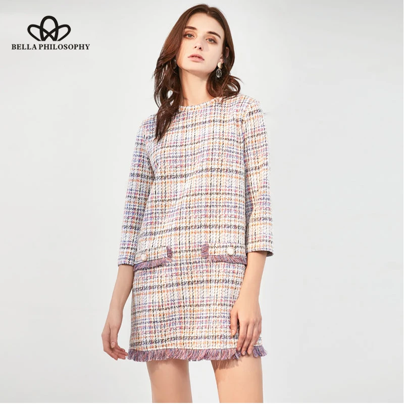 

Bella Philosophy Winter elegant tweed plaid mini dress tassels long sleeve O neck female casual fashion chic vestidos women