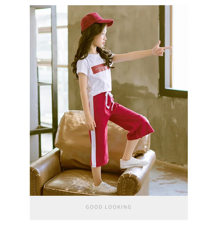 Soft Cotton Teenage Girls Clothing Set 2019 Summer Letter Print Tshirt Tops Pants 2-piece Kids Clothes Suit For Children Outfits (14)