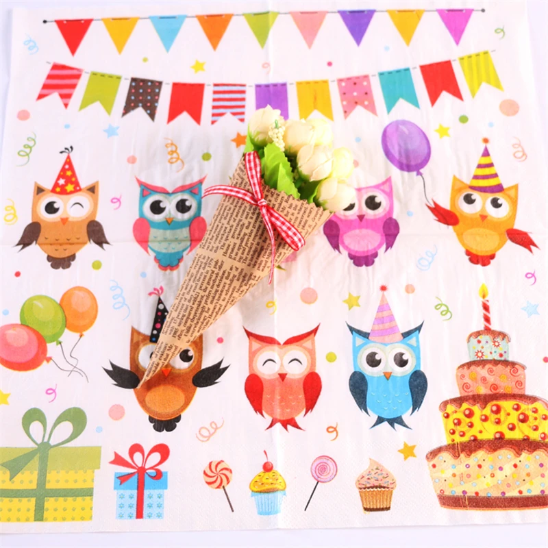 Салфетка для декупажа бумажные вечерние ткани для детей напечатанные животные птицы Совы баллон торт подарки звезда счастливый декор для вечеринки в честь Дня рождения поставки