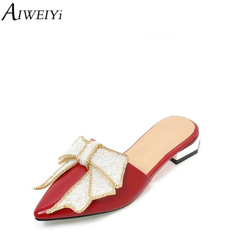 

AIWEIYi Women Slippers Sweet Bow Pointed toe Flat Heels Flip Flops Rhinestone Slip On Summer Sandal Shoes Footwear Mules