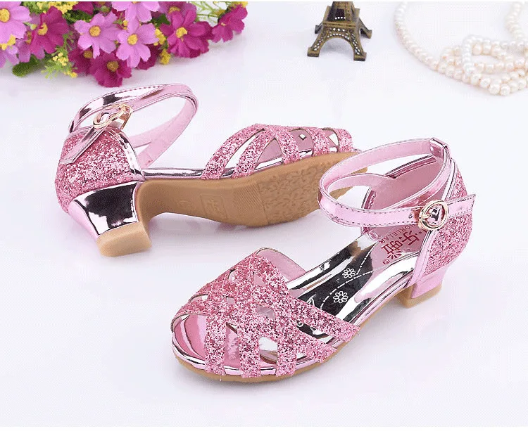 Children girl Ballet bling Shoes dance Shoes high-heeled Party Princess Shoes 26-37 pink sliver gold GZX01