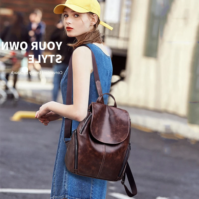 

Vintage Brown Black Leather Backpack Women Waterproof Backpack For School Casual Travel Bag Pack Student Bag mochila mujer