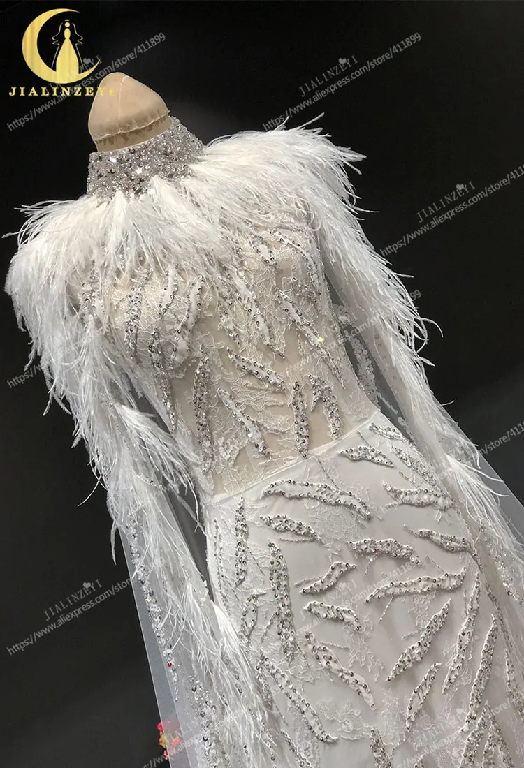 JIALINZEYI, сексуальное, Zuhair Murad, с высоким воротом, с бусинами, с перьями, Русалка, накидка, роскошное свадебное платье, свадебное платье