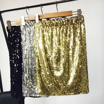 

Summer 2018 New Female Women Silver Gold Black Elastic High Waisted Sequins Glitter Skirt , Glitter Pencil Mini Skirts For Woman