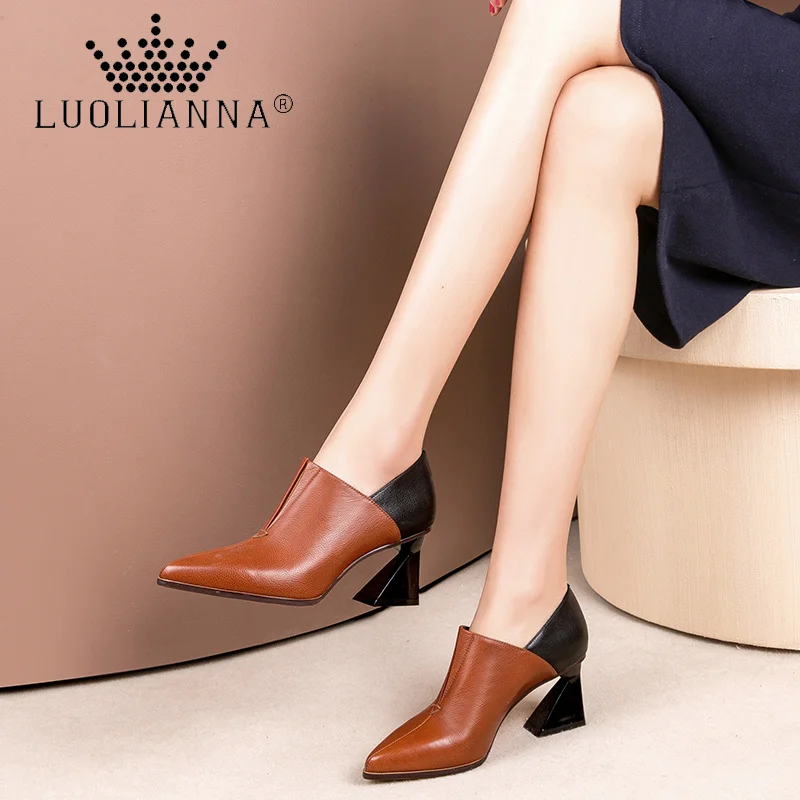

LUOLIANNA Genuine Leather The new 2018 Leather color matching Pointed Toe High heel shoes Strange Style Casual high shoes
