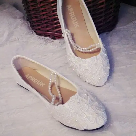 

Wedding shoes women flat heel plus sizes 41 42 43 handmade romantic ladies female wedding flats shoes lace pearls brides shoe