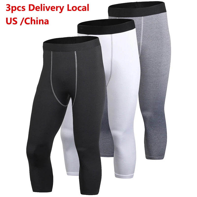 

2017 US Local Delivery 3pcs Gym 3/4 Leggings Men's Compression Pants Fitness Tights Jogging Pant For Men Trousers Running Pant