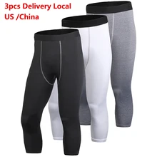 2017 US Local Delivery 3pcs Gym 3 4 Leggings Men s Compression Pants font b Fitness