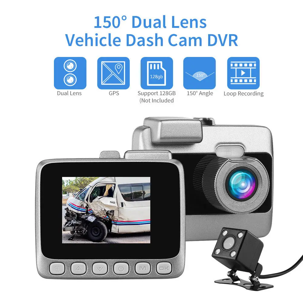 

Dual Lens Car DVR 2 Inch 150 degree Angle F2.0 HD 1080P GPS Car Dash Camera Loop Recording LDWS Motion Detection
