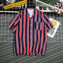 Мужская Летняя коллекция, модная брендовая полосатая желтая рубашка в Корейском стиле с коротким рукавом, мужские повседневные свободные Гавайские пляжные тонкие рубашки