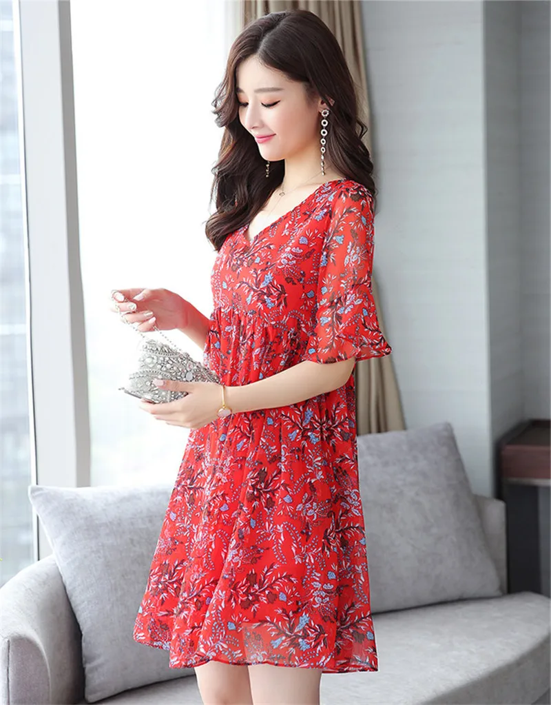 TEAEGG свободное платье Vestido Цветочное Femme шифоновое мини красное женская одежда 2020